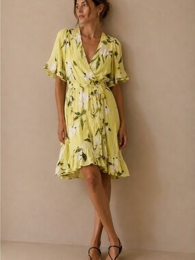 Rachel Roy Yellow Floral Wrap Ruffle Hem Midi Dress Size 2X